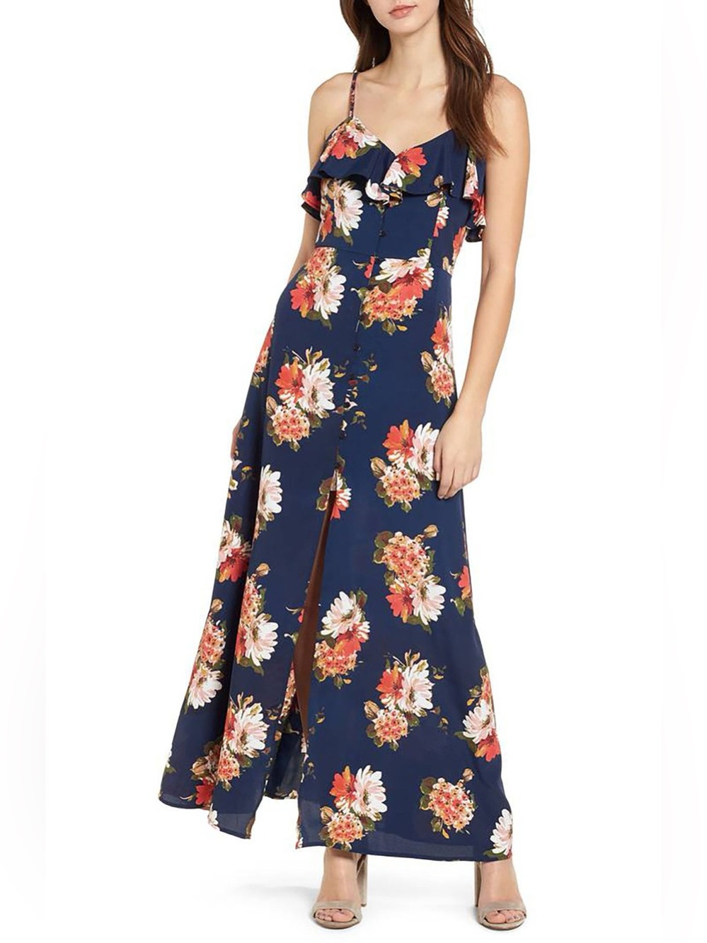 NWOT Band Of Gypsies Floral Ruffle Strap Maxi Dress - Picture 2 of 12